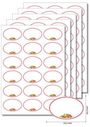 Etiketten oval 'Roter Rahmen mit Obst' - 5 Blatt A4