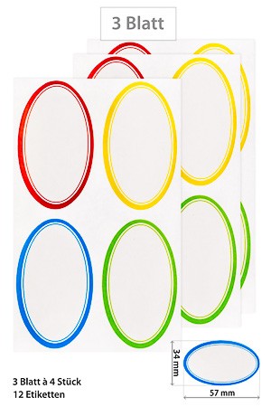 Etiketten 'Rahmen oval in 4 Farben' 34 x 57 mm, 12 Stück