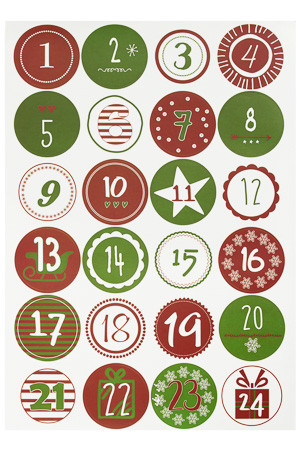 Adventskalender-Zahlen mit Muster, rot/grün, 24 Stück