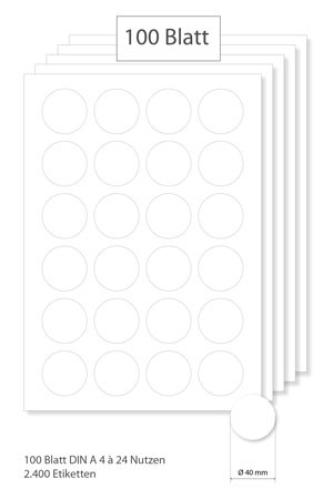 Etiketten rund 40 mm weiß - 100 Blatt A4